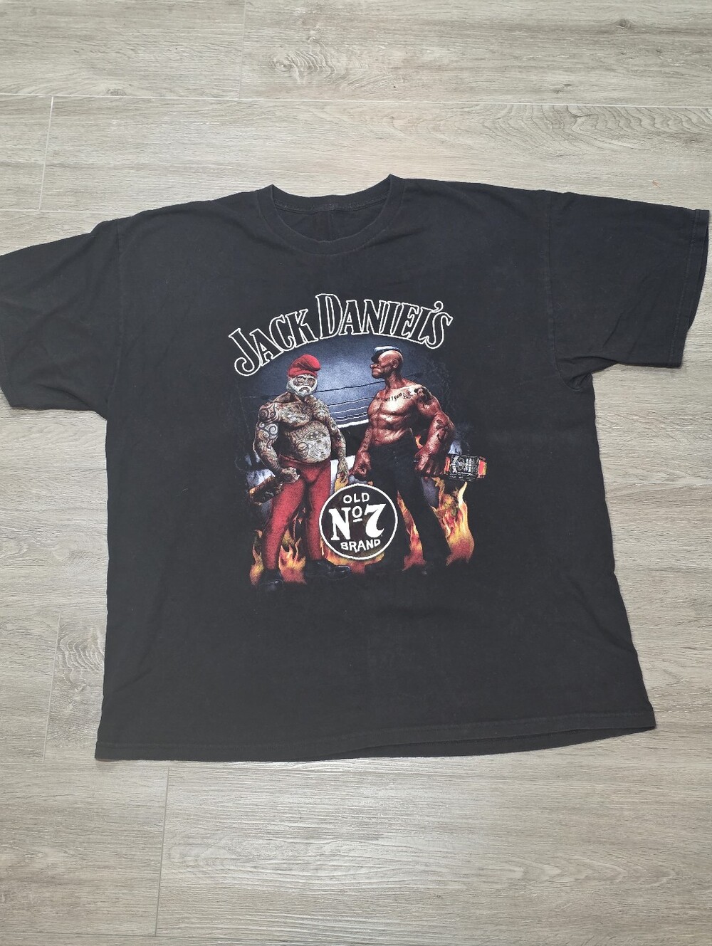 Vintage Jack Daniels Tennessee Whiskey No 7 T-Shirt Men XL Popeye Santa Wrestler